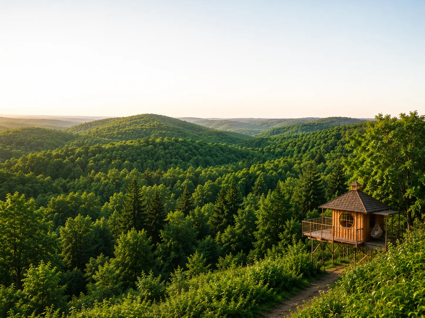 Cabane insolite en bois posée au bord de l'eau au coucher du soleil