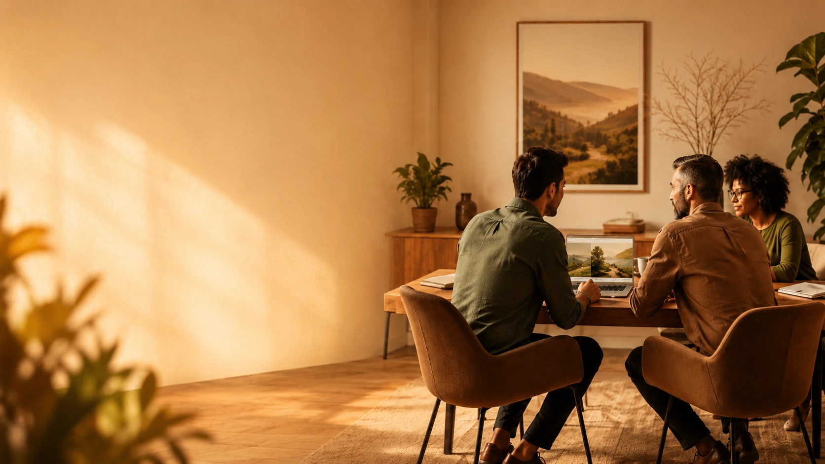 Trois personnes travaillant ensemble autour d'un ordinateur portable, dans un intérieur chaleureux baigné de lumière dorée